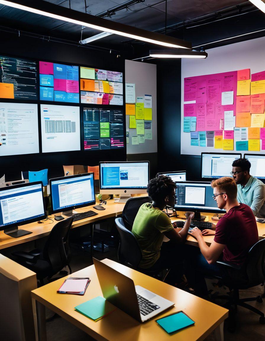A vibrant and dynamic scene showcasing a diverse group of software developers brainstorming ideas in a modern workspace filled with digital screens, laptops, and colorful post-it notes. Incorporate elements representing content creation, such as blogs, articles, and coding symbols floating around them. The atmosphere should convey energy and creativity, with a digital publishing theme integrated throughout. super-realistic. vibrant colors. modern aesthetic.