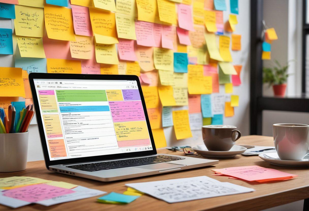 A modern workspace scene featuring a person typing on a laptop, surrounded by sticky notes with blog strategies, colorful graphs on a digital screen, and a steaming coffee mug. The background should include abstract technology-related graphics and elements representing IT, such as code snippets and network lines. The atmosphere should convey productivity and creativity. super-realistic. vibrant colors. digital art.